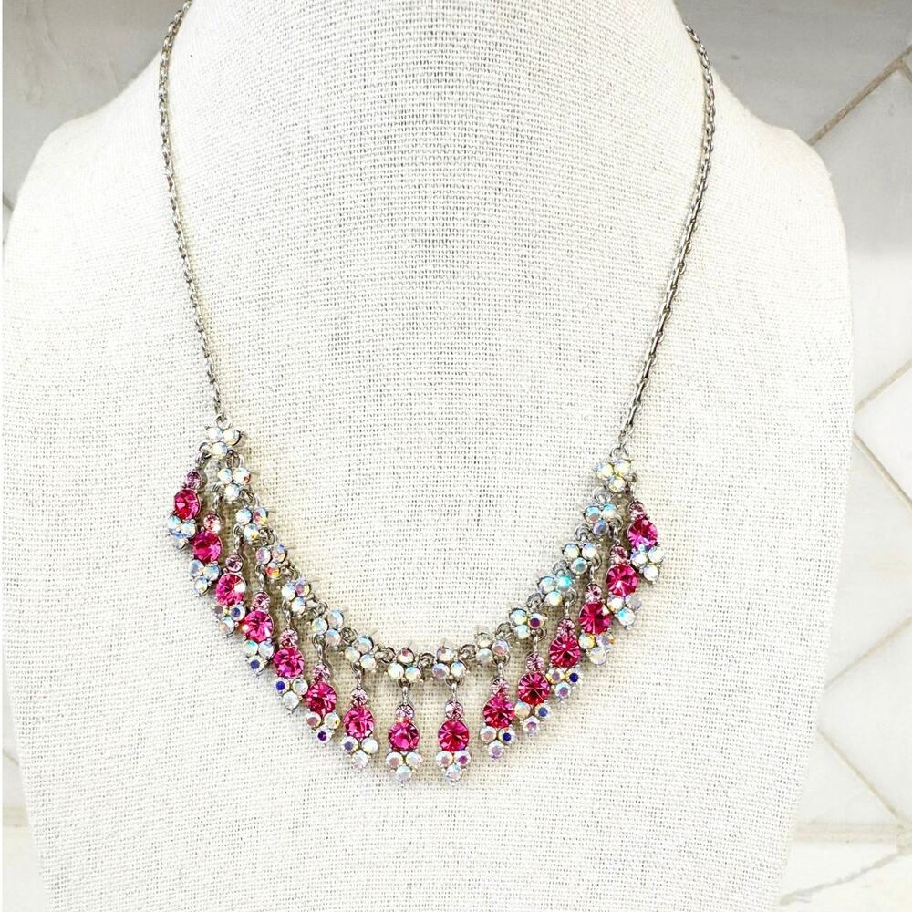 Vintage Pink Rhinestone Fringe Necklace Silver Tone